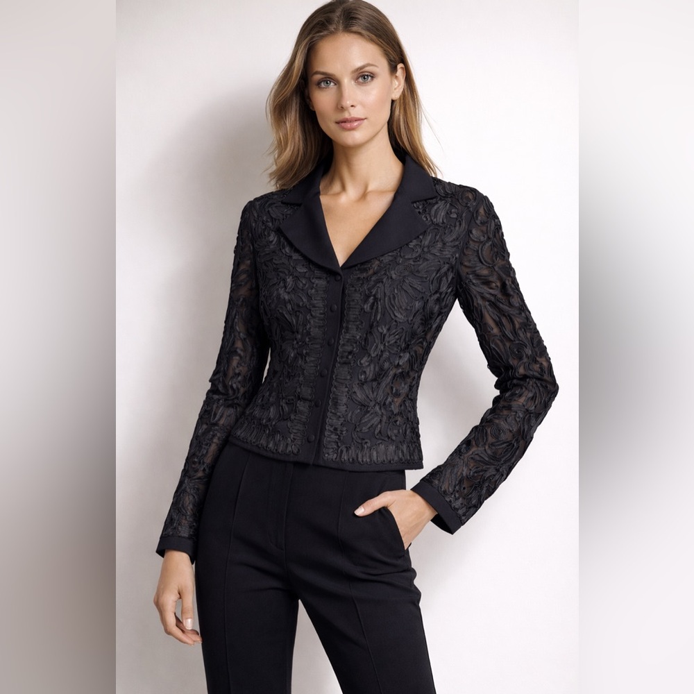 ✨ Escada Black Silk Appliqué Sheer Button Front Top EU 38 US 8 ✨